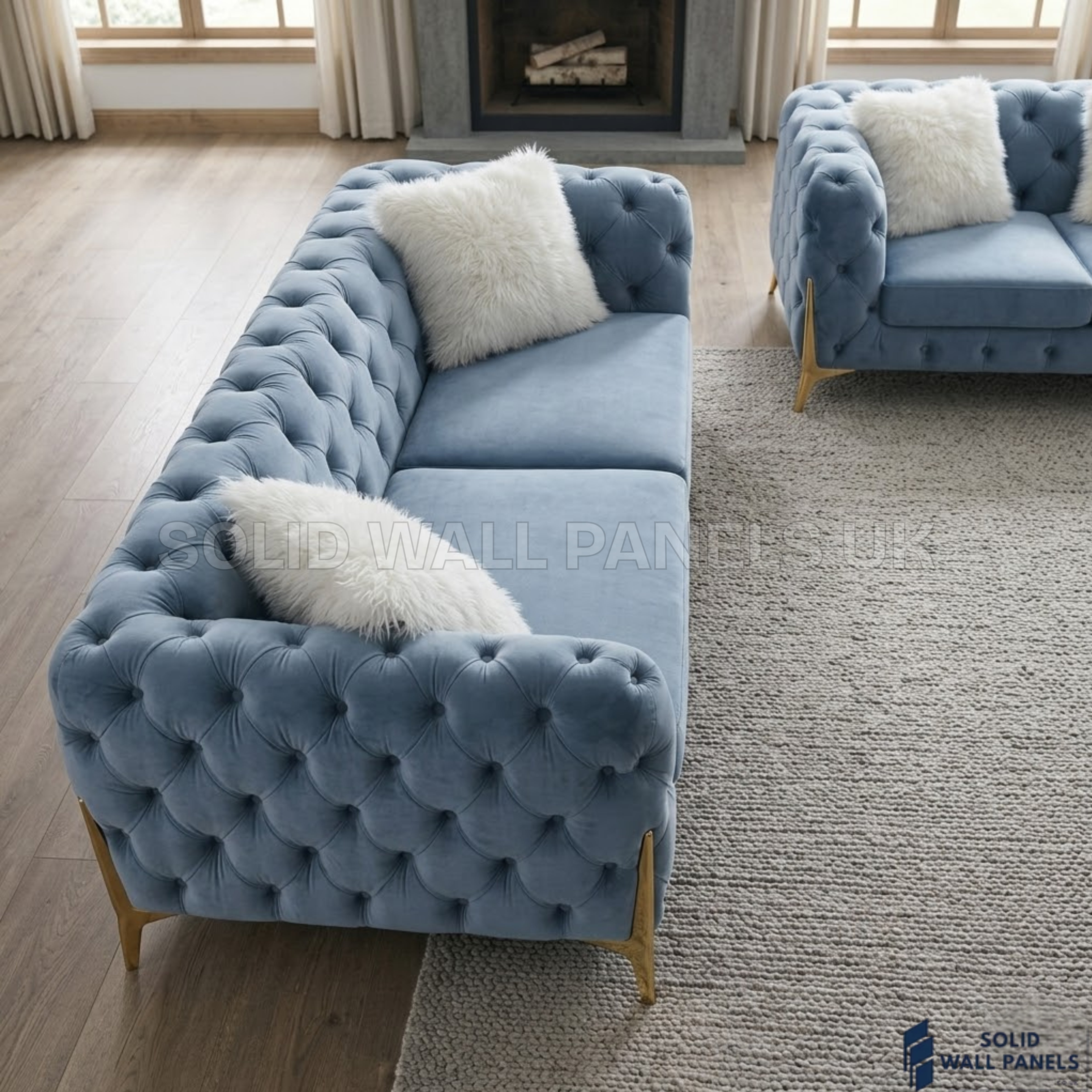 Paris Grey Shimmer Sofa Set – 3+2+1 Chesterfield Velvet | Modern Gold Leg Design