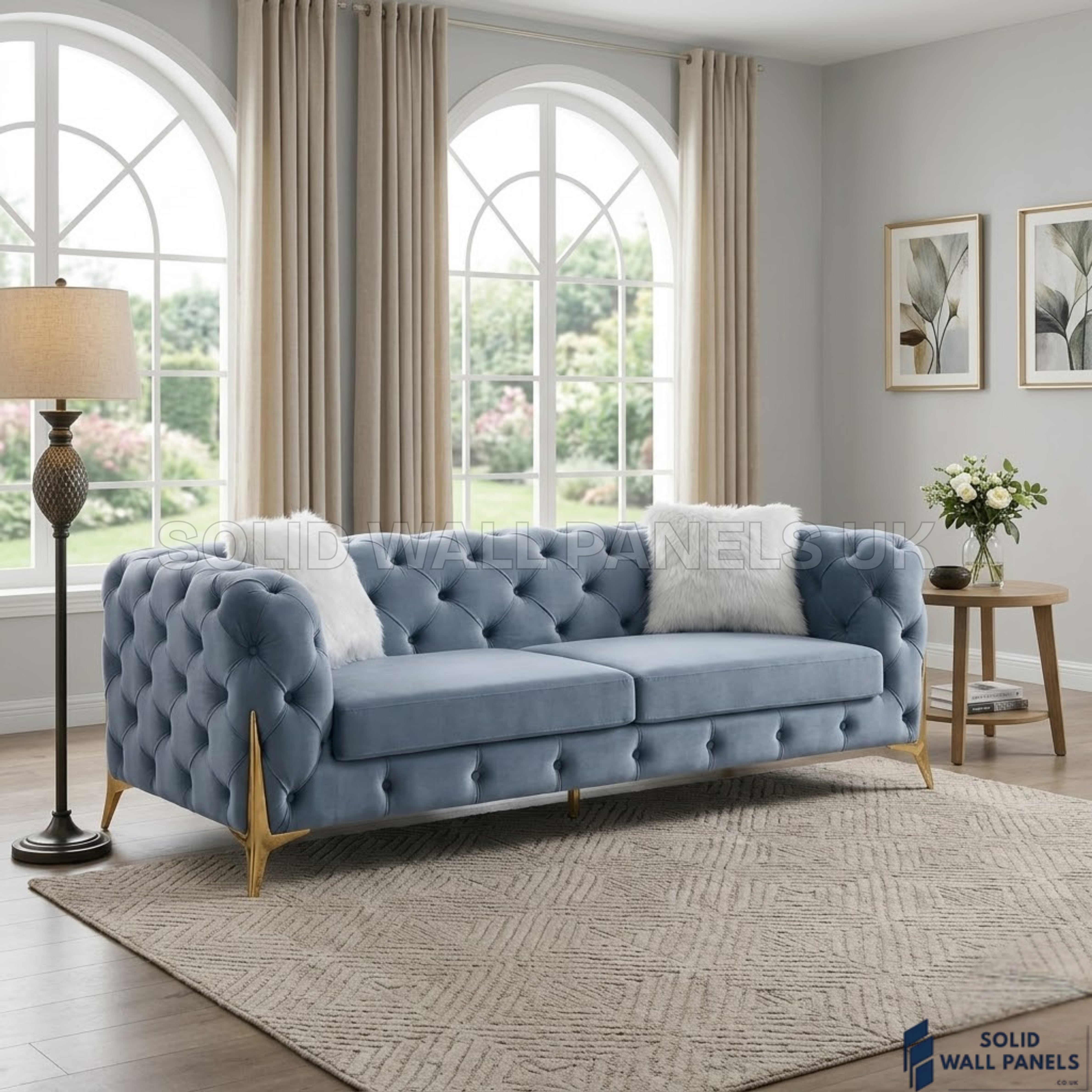 Paris Grey Shimmer Sofa Set – 3+2+1 Chesterfield Velvet | Modern Gold Leg Design