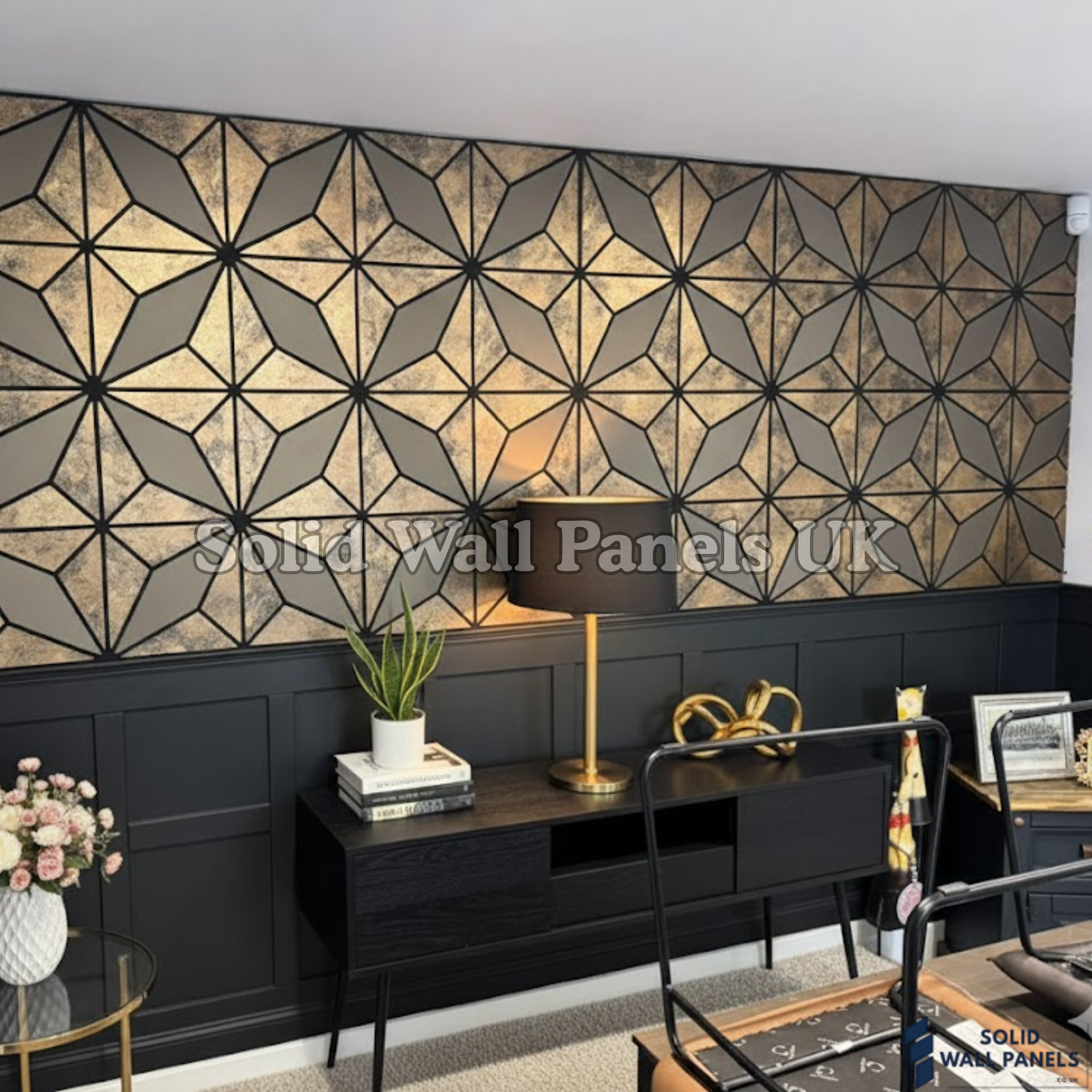 Premium Geometric Gold Glitter Acoustic Wall Panel 240×60cm (4 Pieces) | Solid Wall Panels UK
