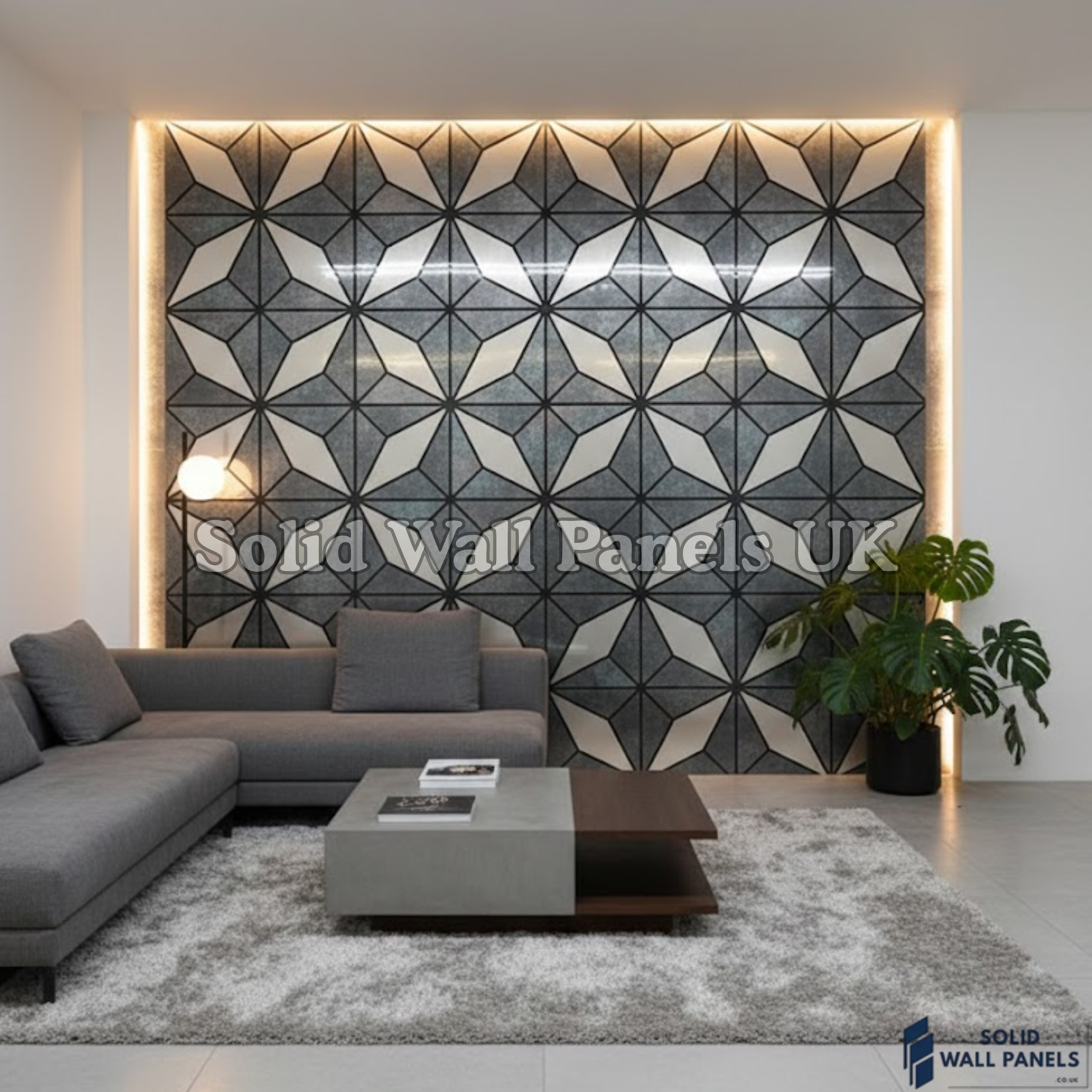 Premium Geometric Grey Glitter Acoustic Wall Panel 240×60cm (4 Pieces) | Solid Wall Panels UK