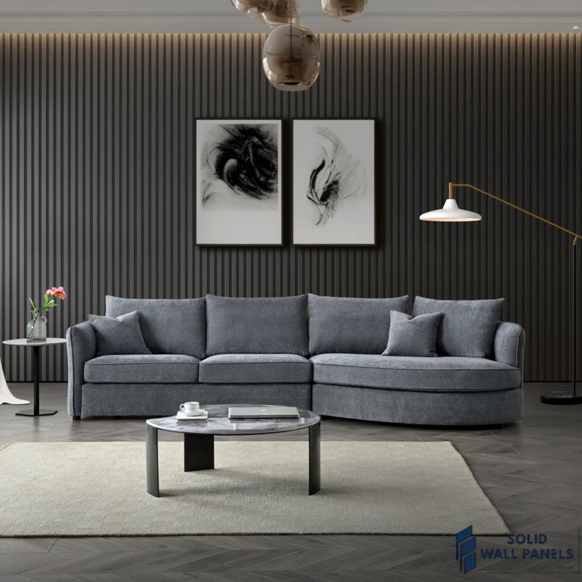 Rubin Corner Chaise – Charcoal Boucle Fabric | Modern Curved Design