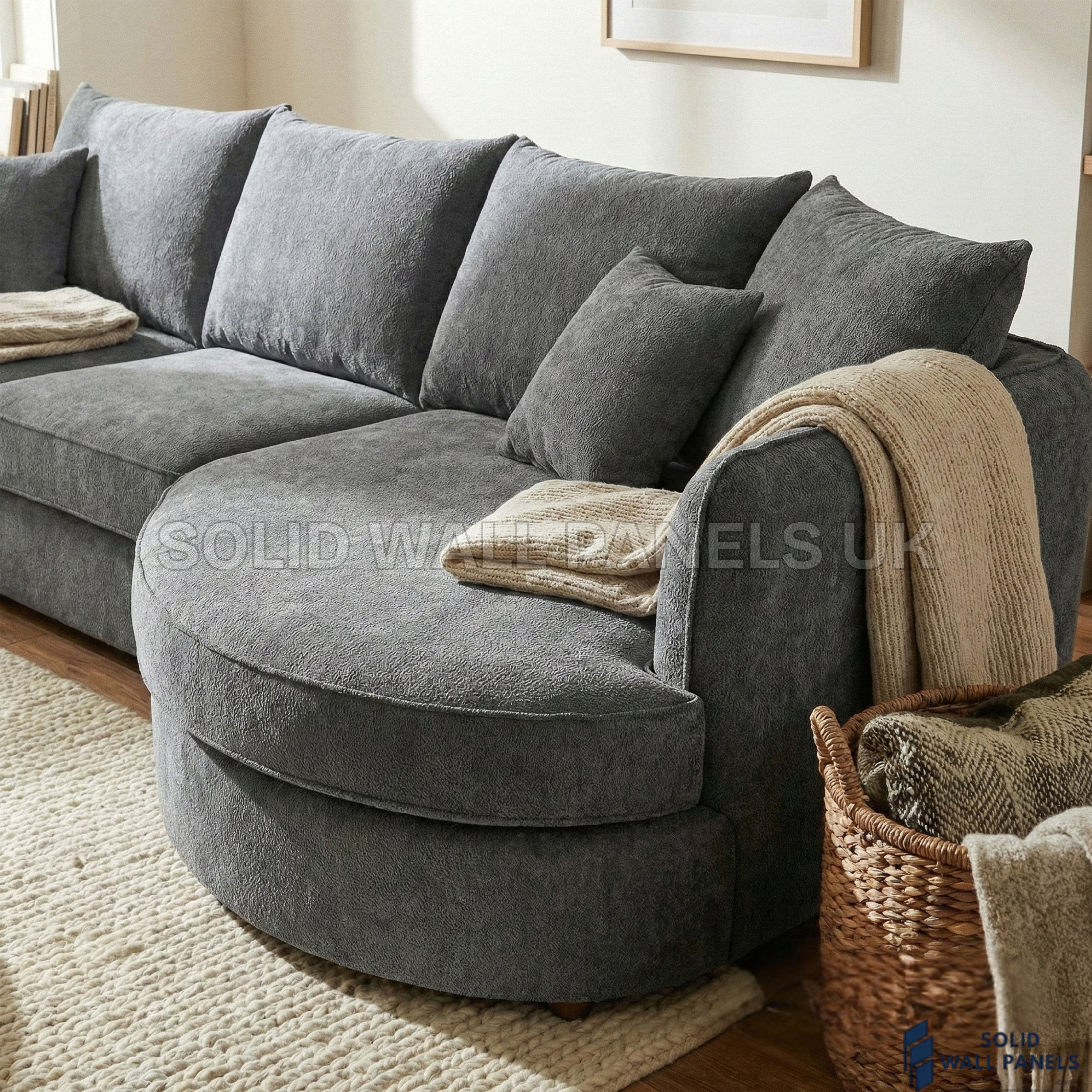 Rubin Bouclé Corner Sofa – Charcoal Grey Fabric | Right Hand Curved Chaise Design