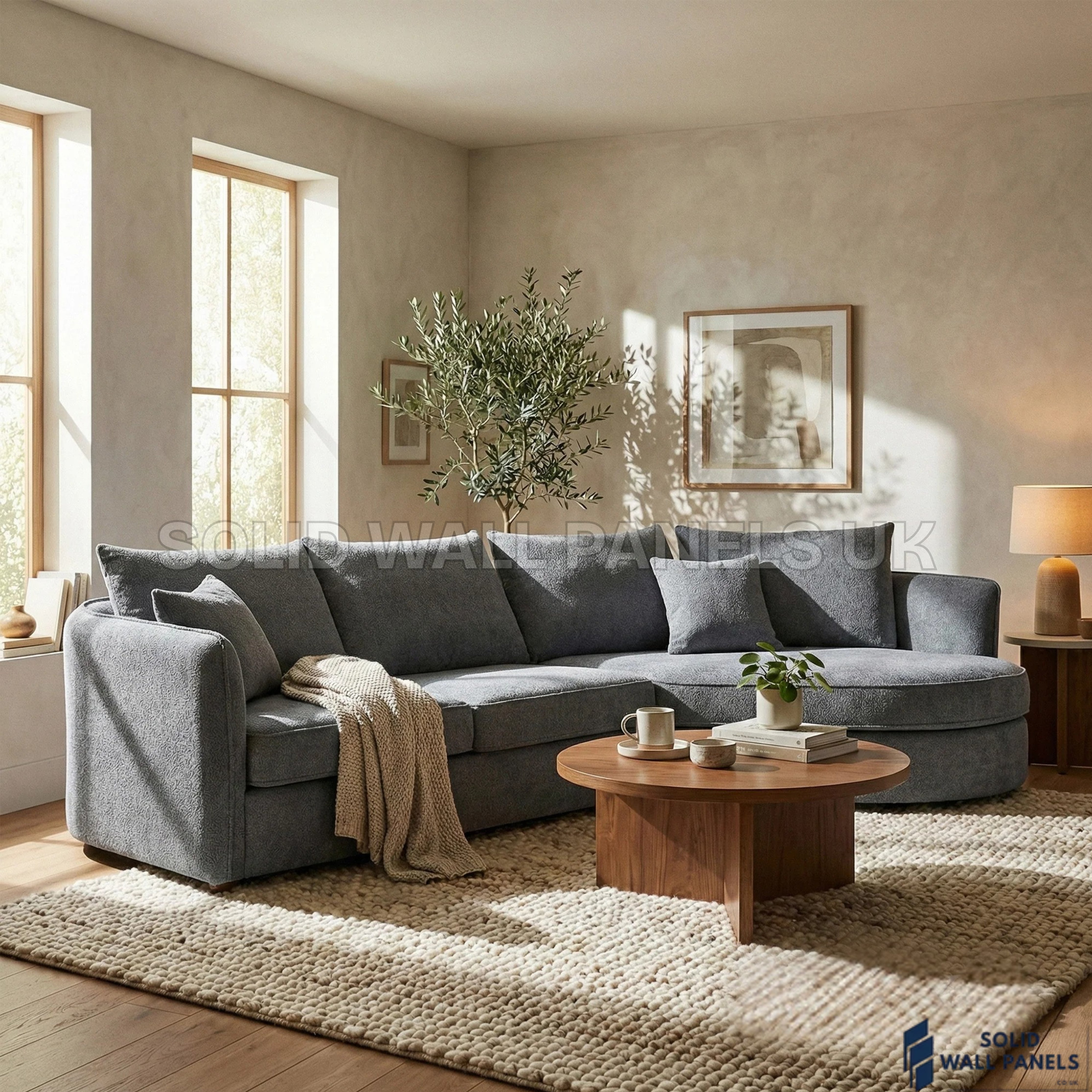 Rubin Bouclé Corner Sofa – Charcoal Grey Fabric | Right Hand Curved Chaise Design