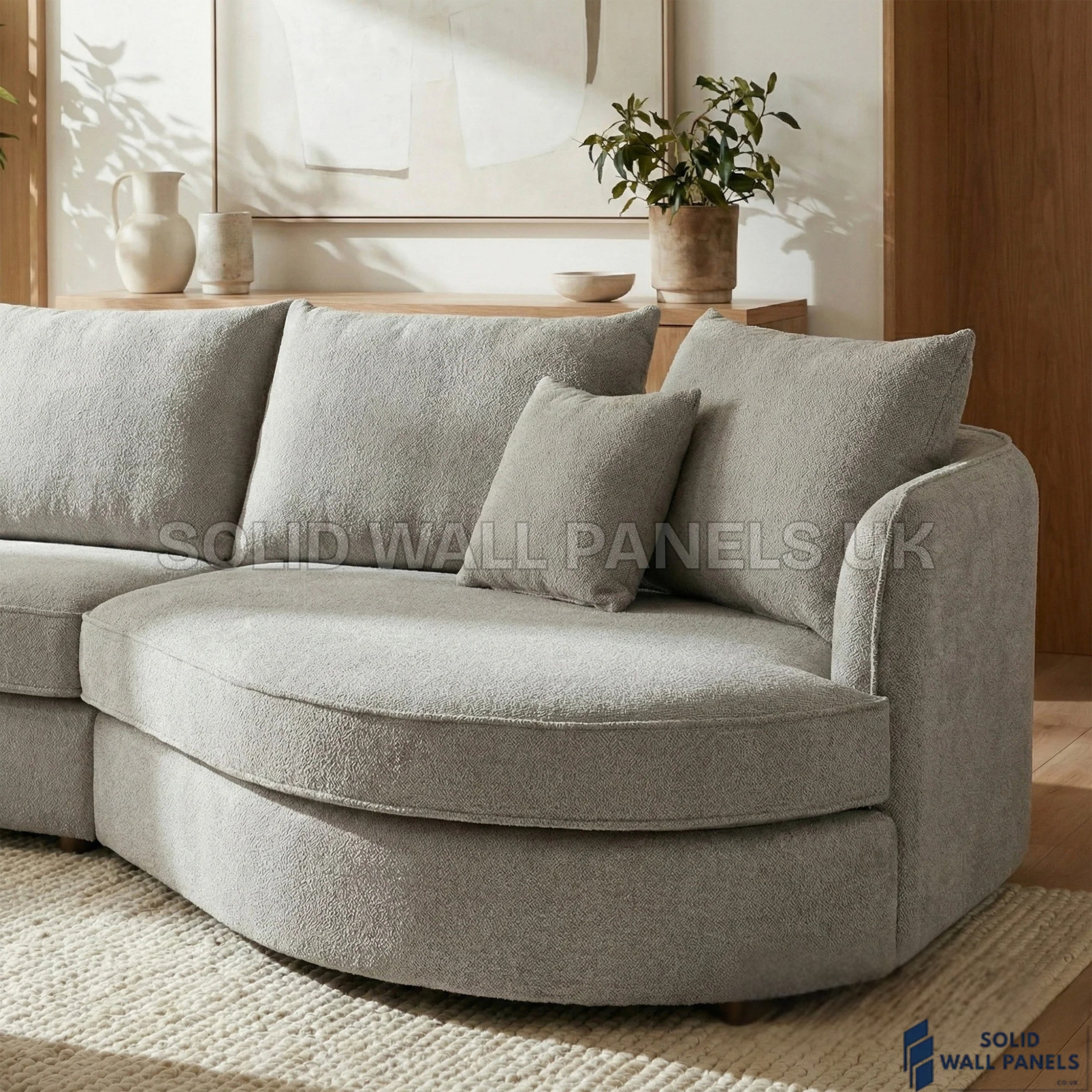 Rubin Bouclé Corner Sofa – Pebble Grey Fabric | Right Hand Curved Chaise Design
