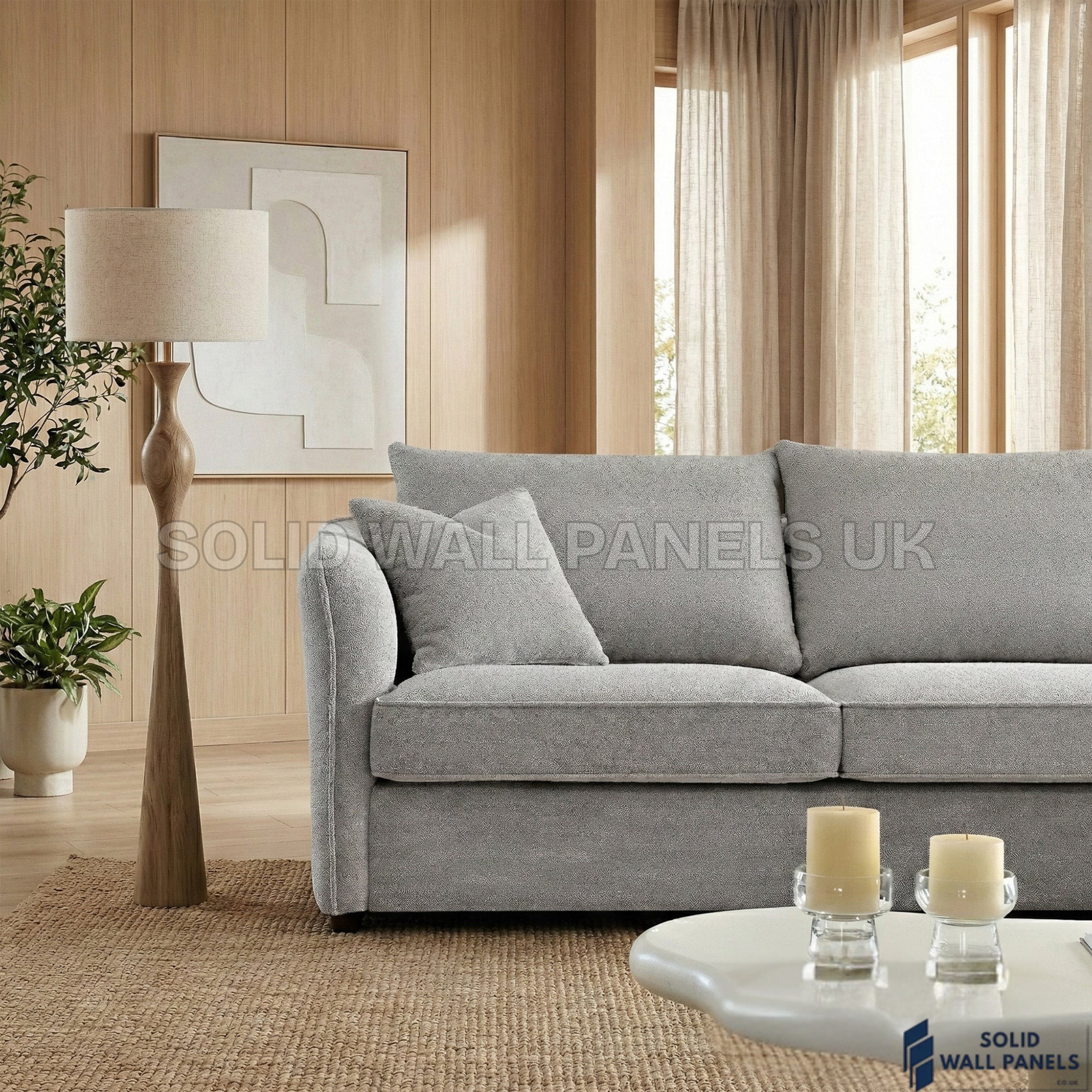 Rubin Bouclé Corner Sofa – Pebble Grey Fabric | Right Hand Curved Chaise Design