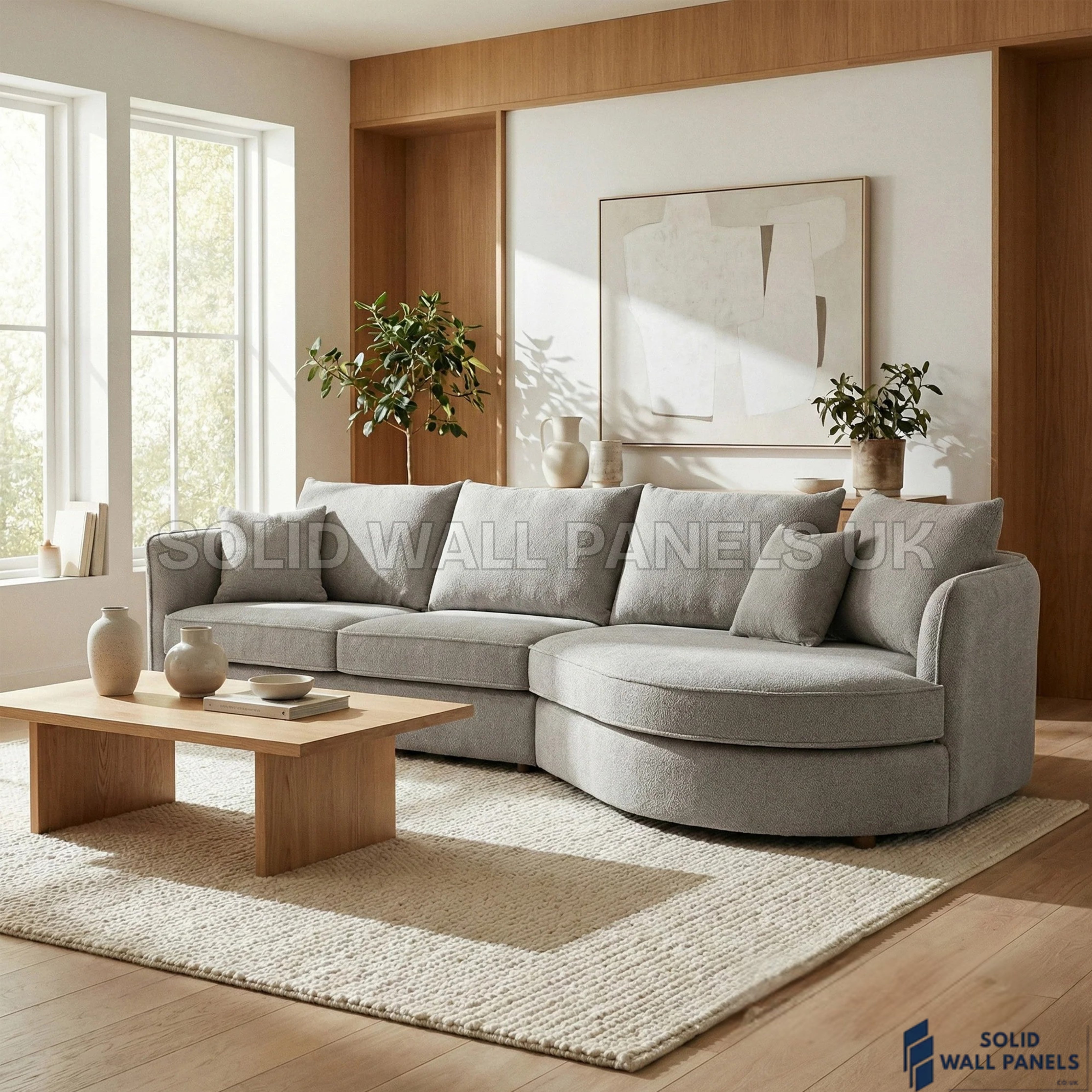 Rubin Bouclé Corner Sofa – Pebble Grey Fabric | Right Hand Curved Chaise Design