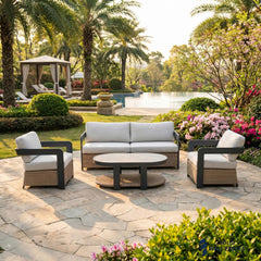 Selene 5-Seater Luxury Lounge Set – Onyx Aluminium Garden Sofa Set with Woven Base & Sintered Stone Coffee Table