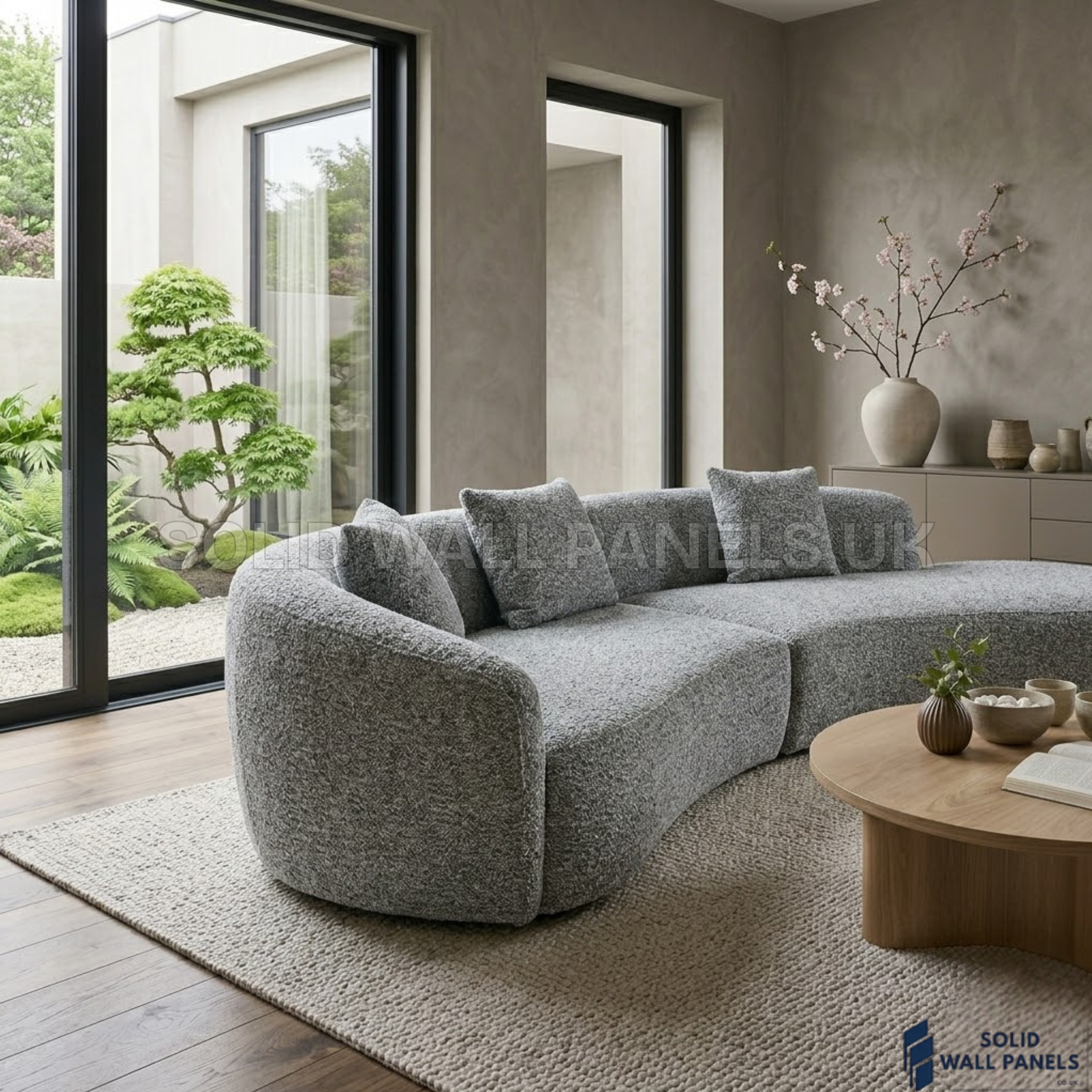 Siena Grey Bouclé 5 Seater Curved Sofa – RH/LH Configuration | Modern Sectional Design