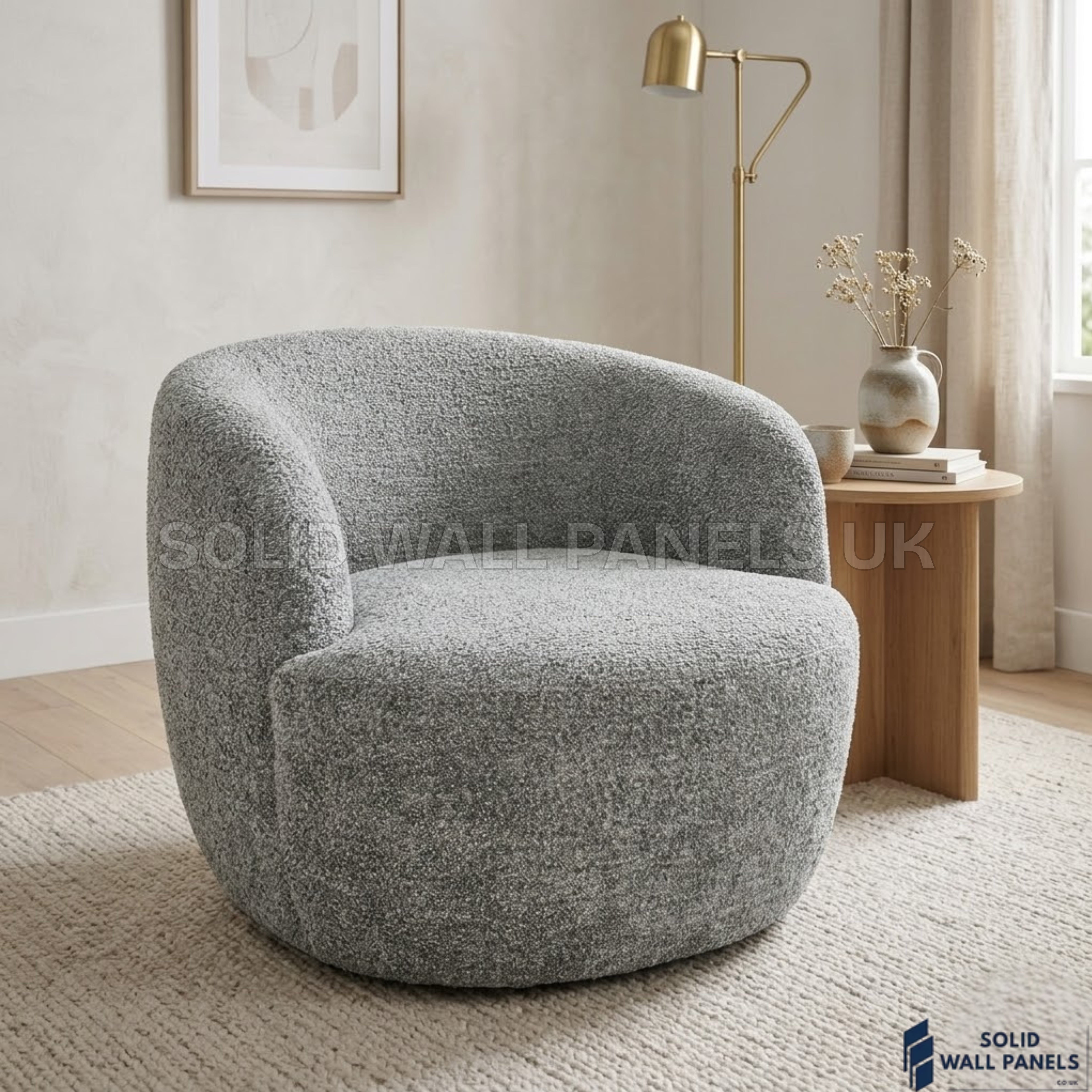 Siena Grey Bouclé Tub Chair – 360° Swivel Accent Chair | Modern Curved Desig