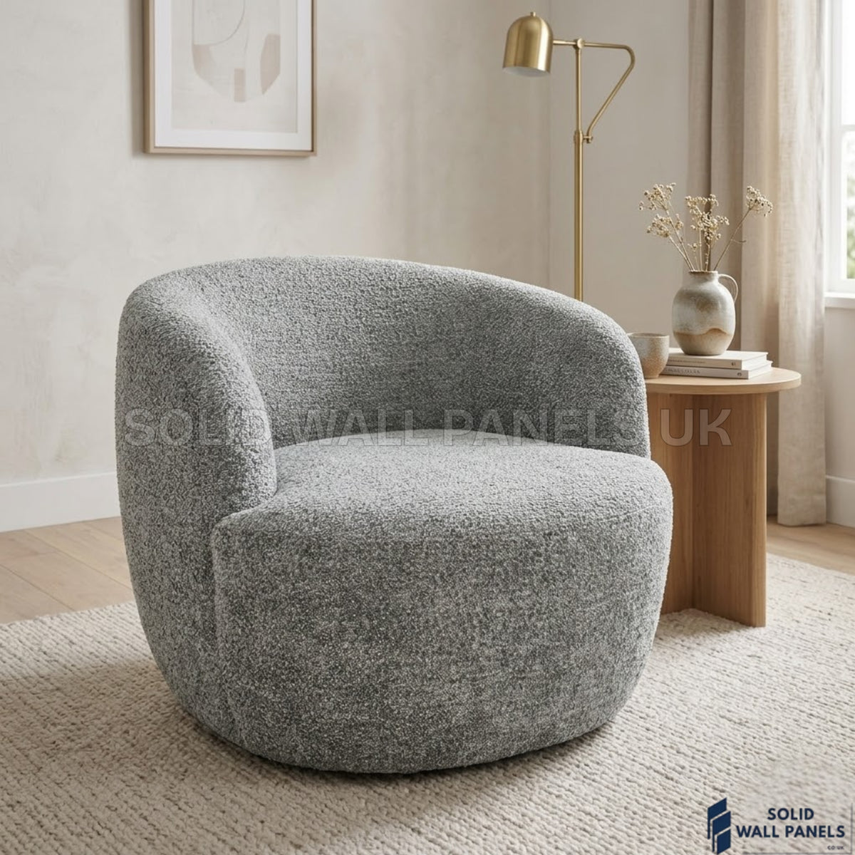 Siena Grey Bouclé Tub Chair – 360° Swivel Accent Chair | Modern Curved Desig