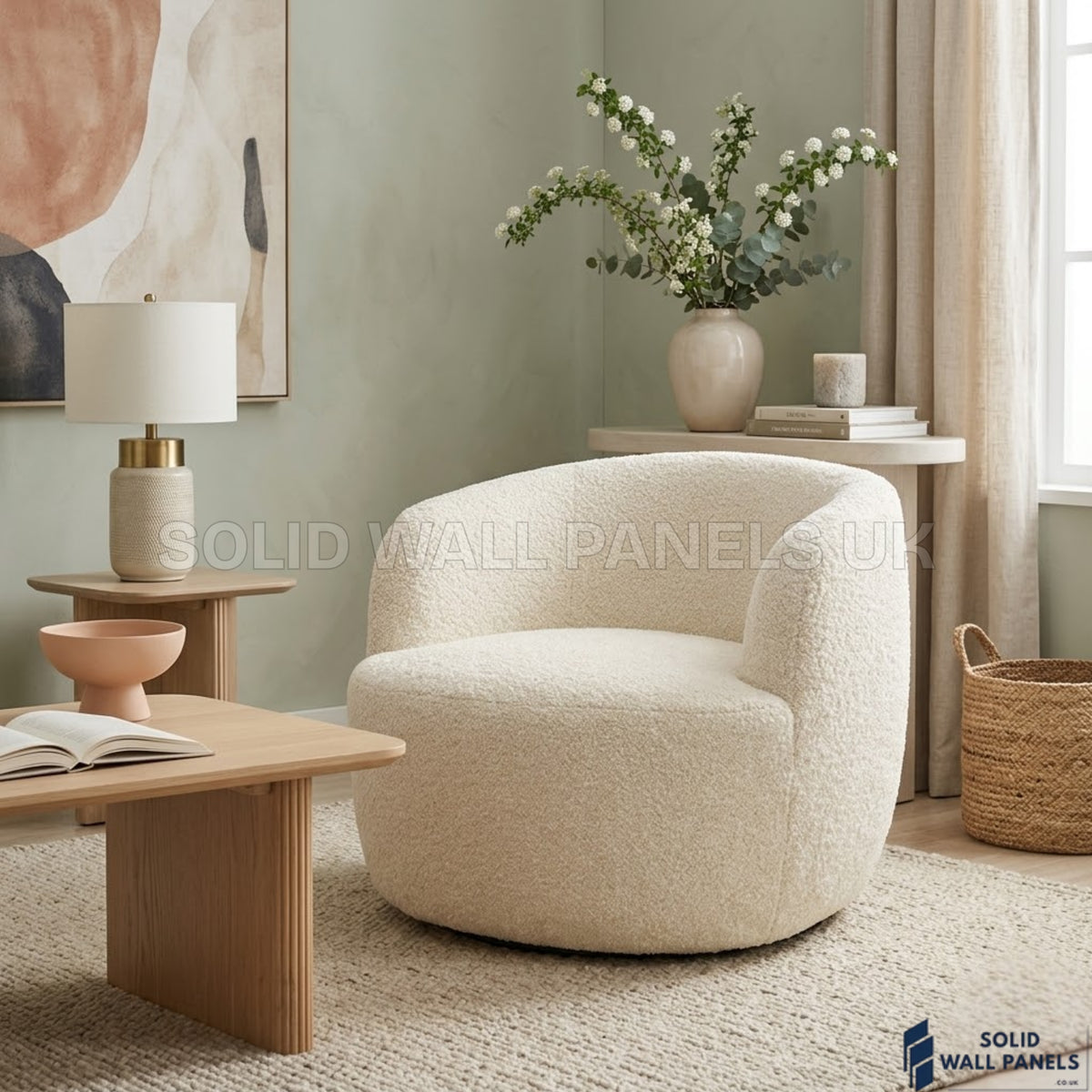Siena Ivory Bouclé Tub Chair – 360° Swivel Accent Chair | Soft Curved Design