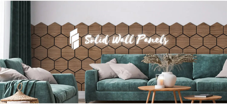 Teal sofa with hexagonal wooden wall panels labeled 'Solid Wall Panels' in a modern living room setting.