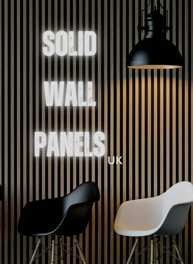 Wall with striped design and text 'SOLID WALL PANELS UK' with two chairs below.