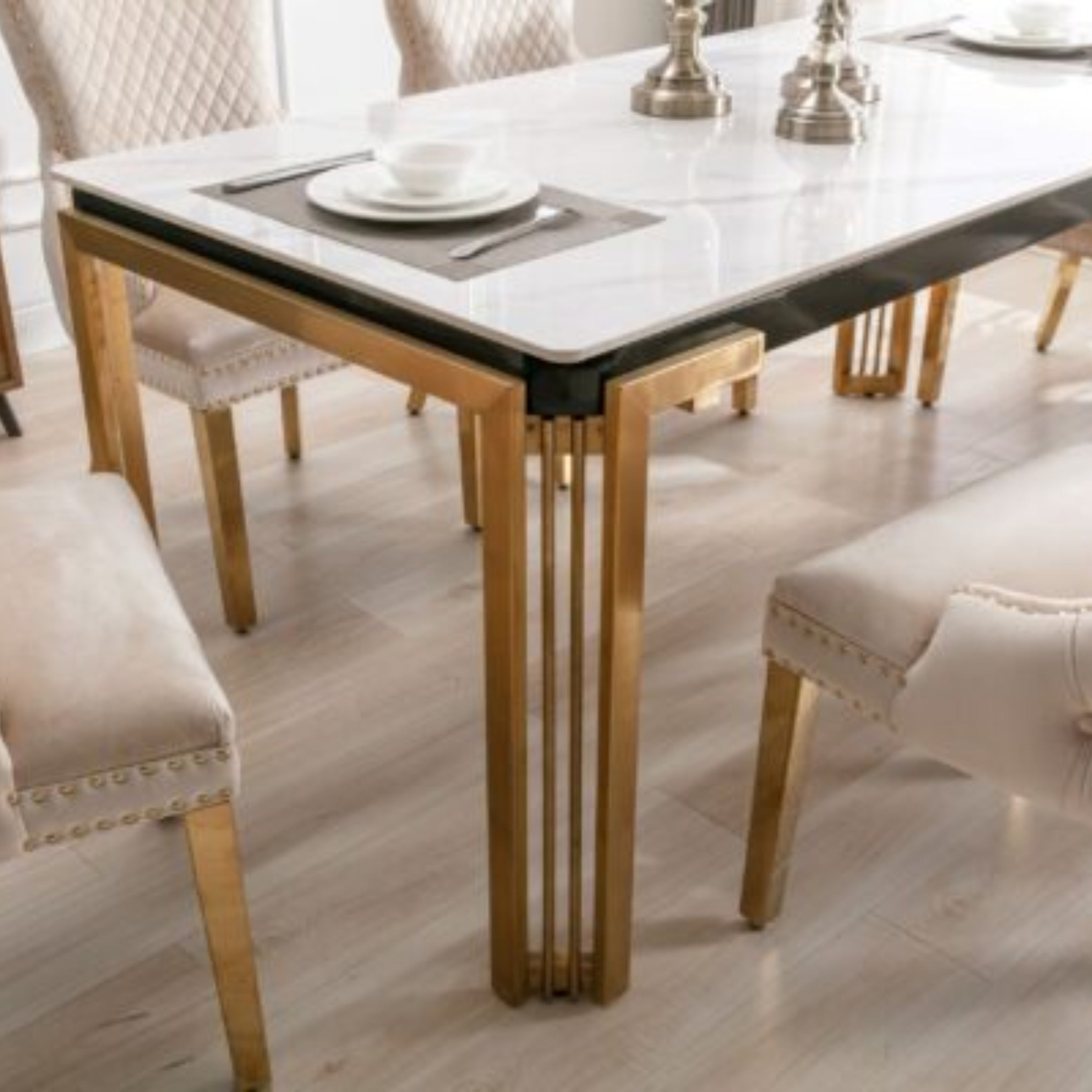 Sorrento Rectangle Ceramic Dining Table – Gold Frame with Cream Top