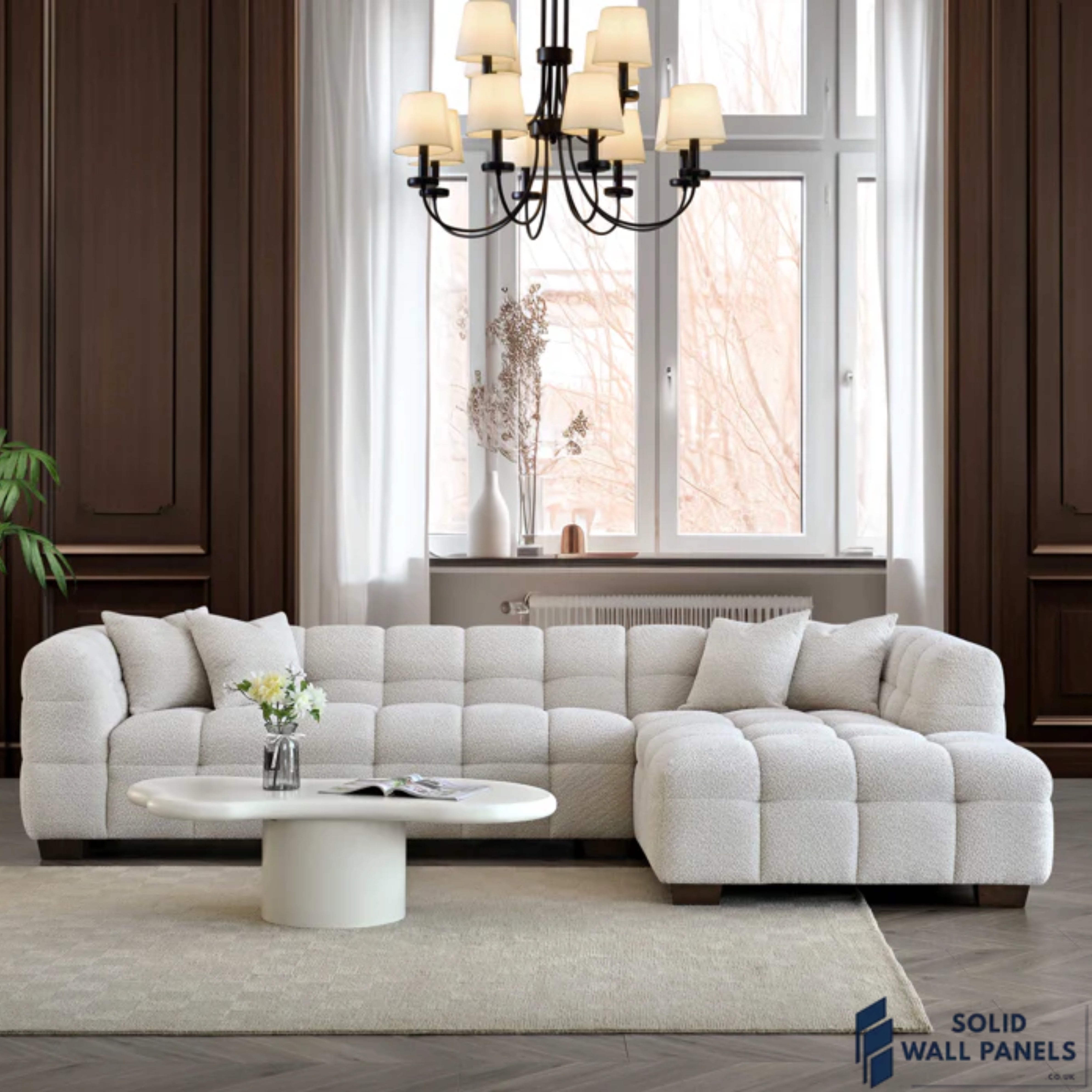 Tribeca Corner Sofa – Oatmeal Boucle Fabric | Modern Chesterfield Design