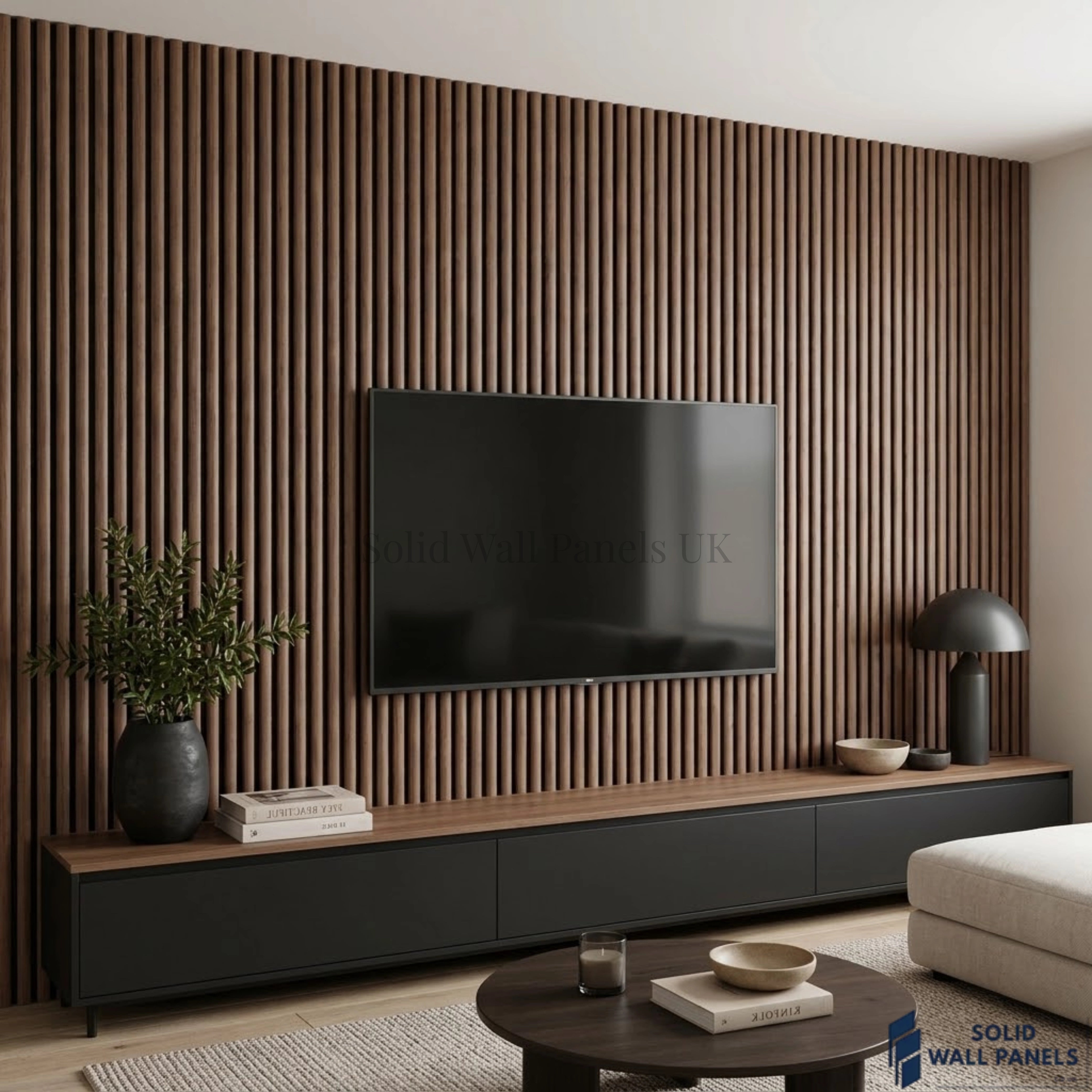 Walnut 3D fluted acoustic wall panel with rounded wooden slats and dark felt backing