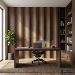 Walnut 3D fluted acoustic wall panel with rounded wooden slats and dark felt backing