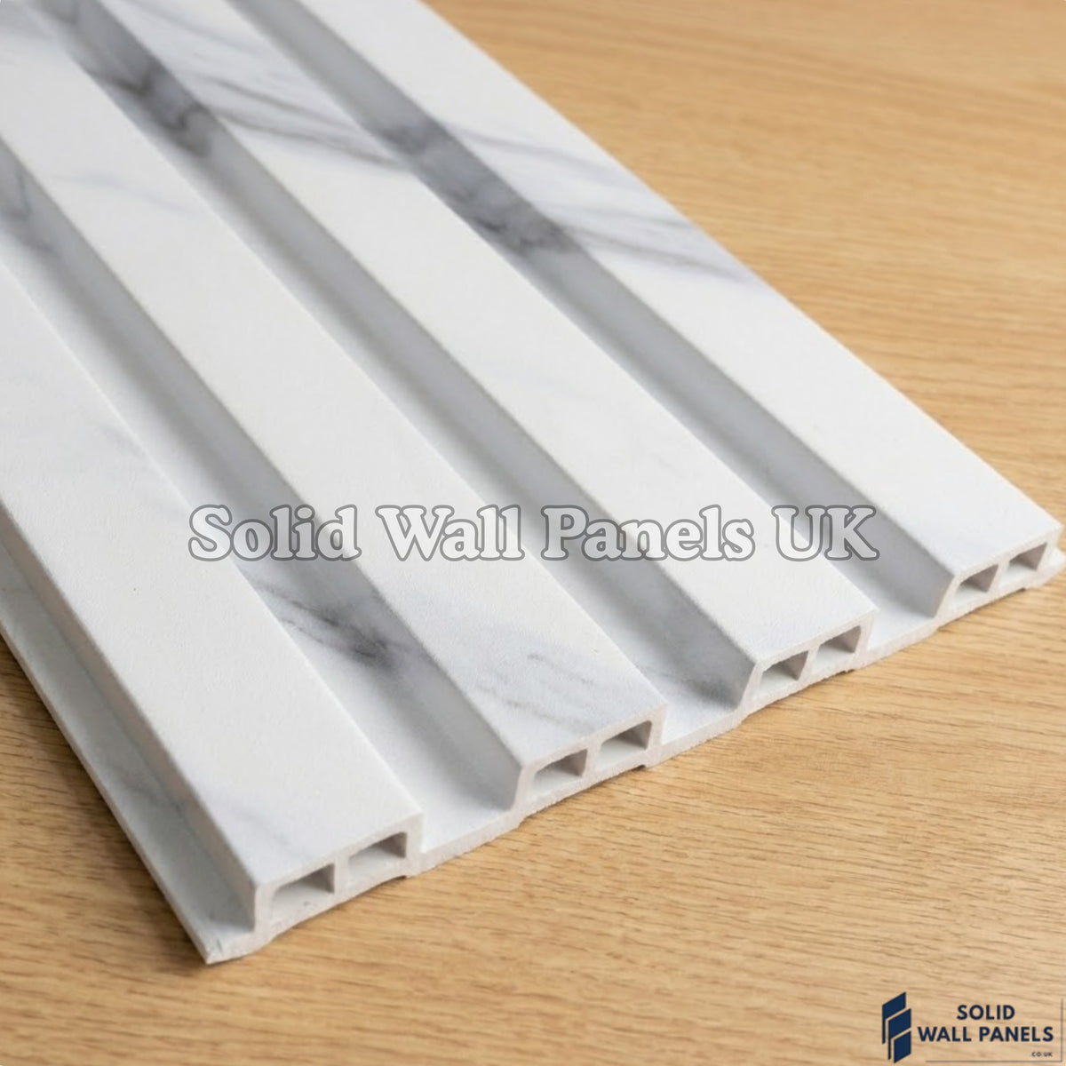 White Marble Wood Effect WPC Slatted Wall Panels – Waterproof Indoor & Outdoor Cladding | Solid Wall Panels UK