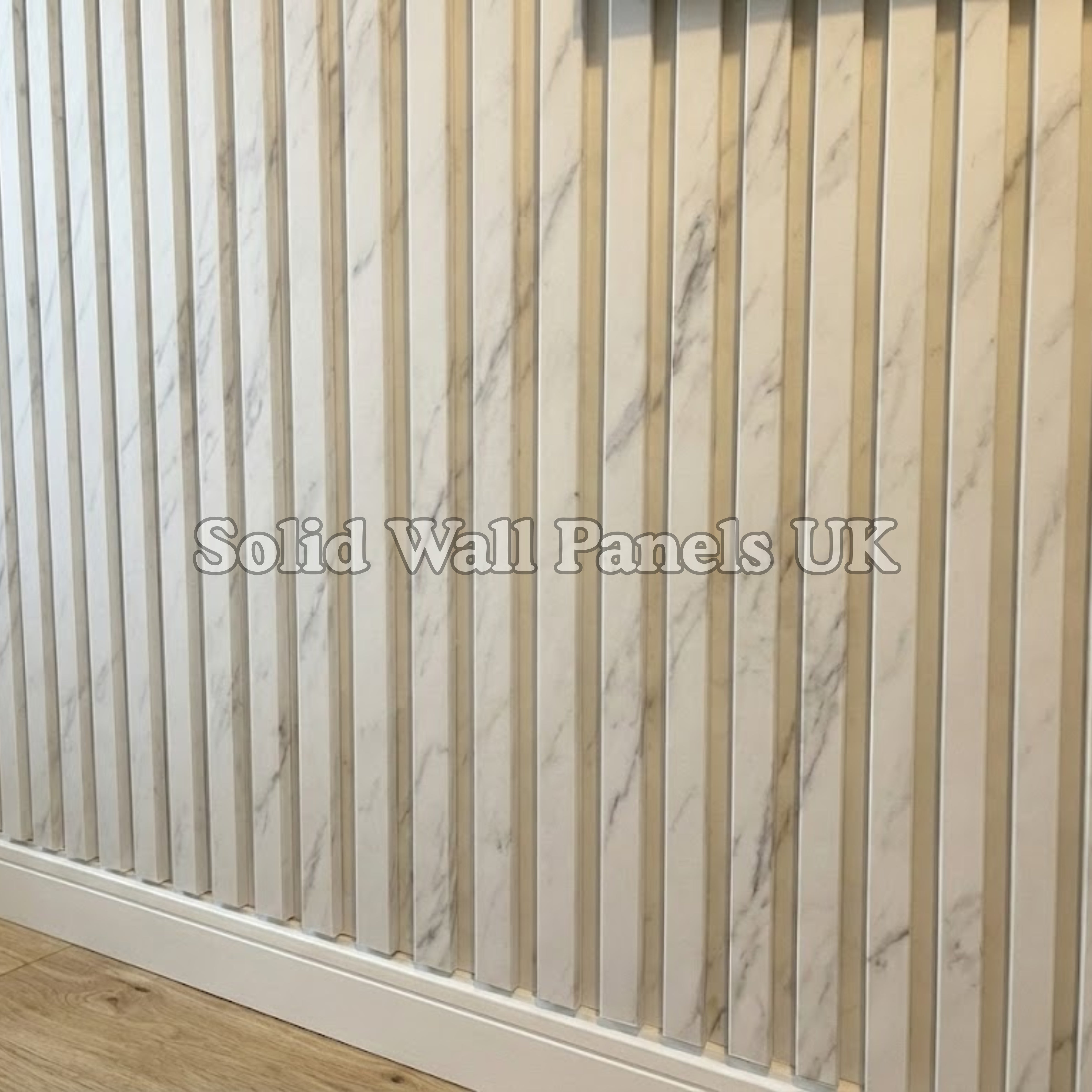 White Marble Wood Effect WPC Slatted Wall Panels – Waterproof Indoor & Outdoor Cladding | Solid Wall Panels UK