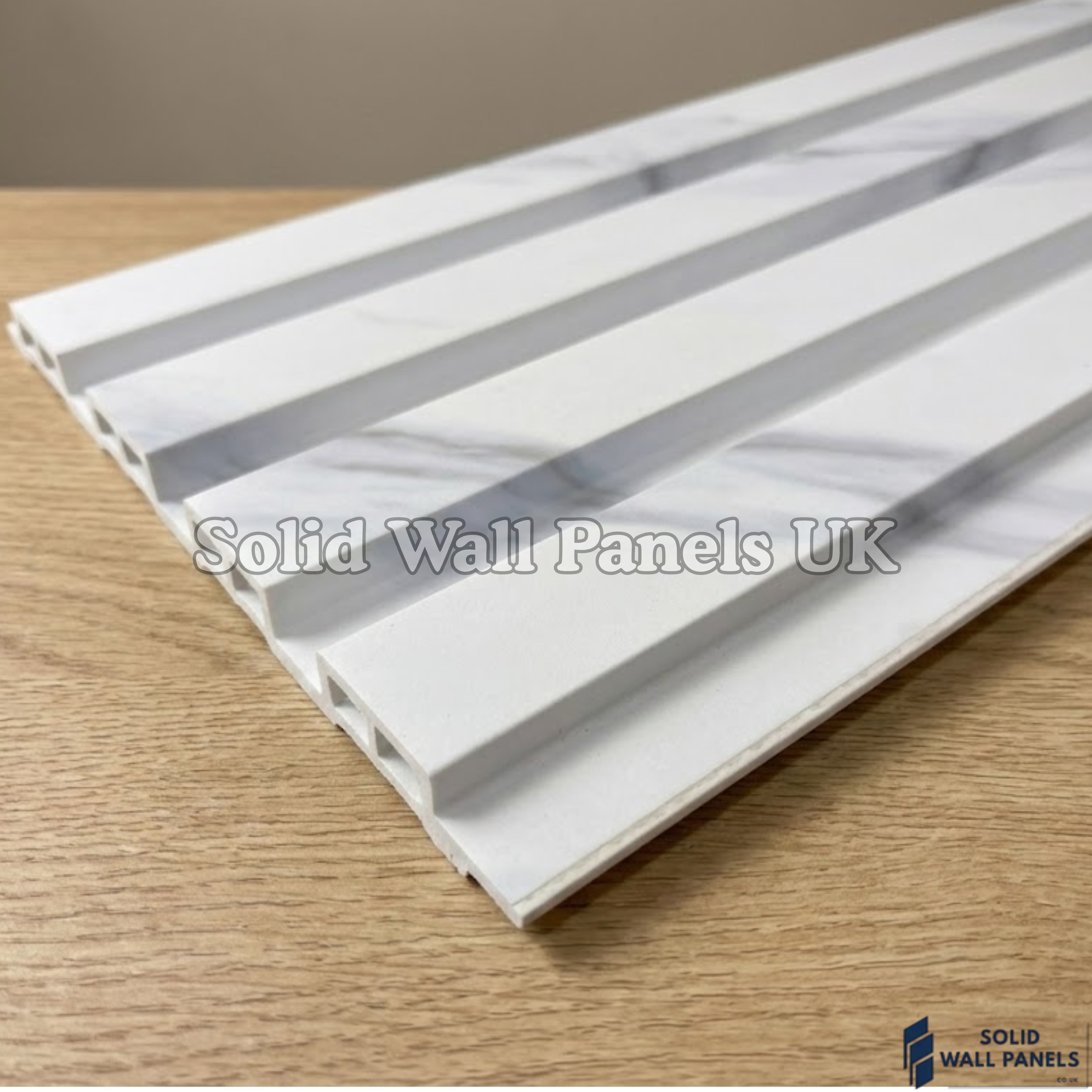 White Marble Wood Effect WPC Slatted Wall Panels – Waterproof Indoor & Outdoor Cladding | Solid Wall Panels UK