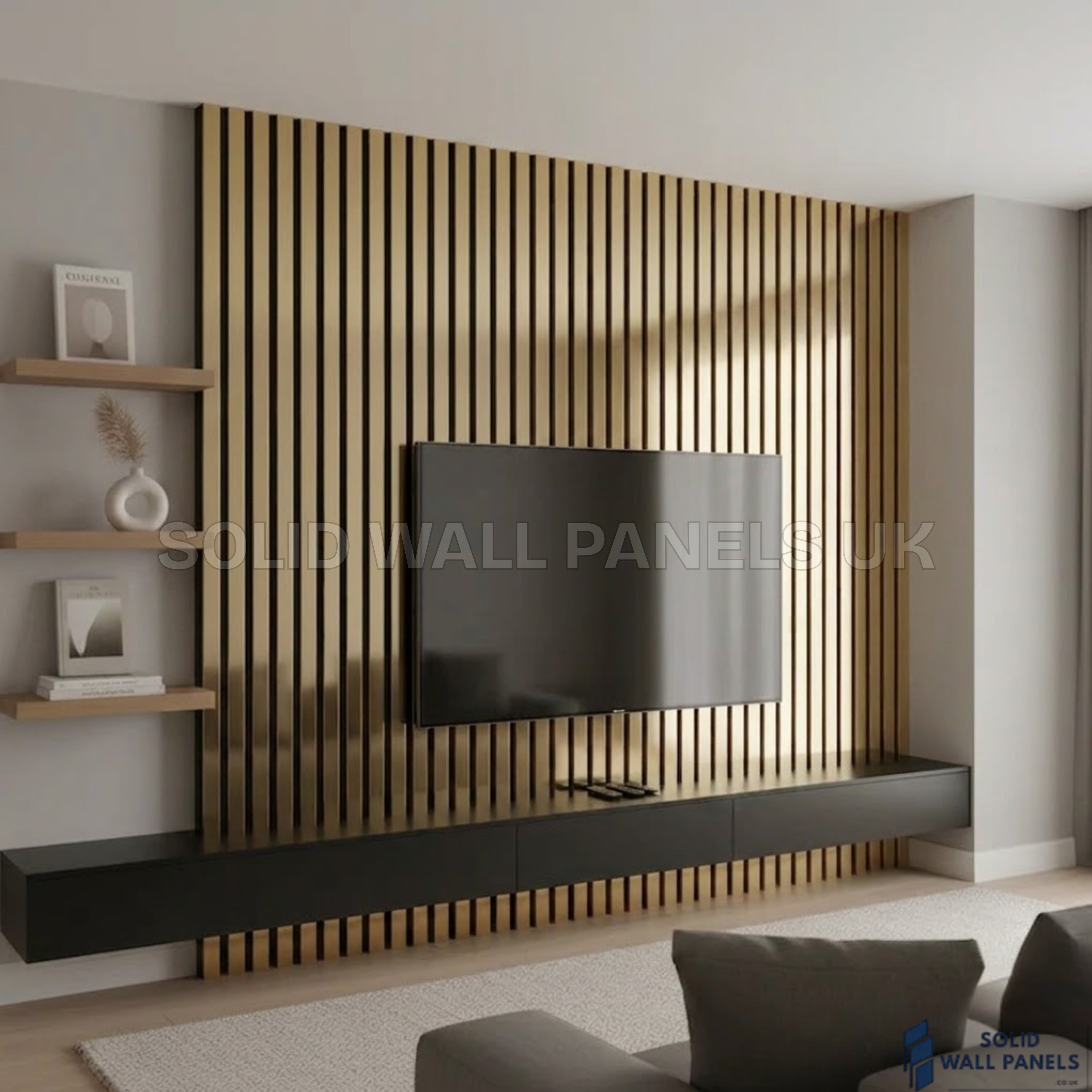 Wide Slat Acoustic Wall Panels Metallic Gold 240×30cm (Set of 2) | 40mm Slat | 3 Sided Wrap